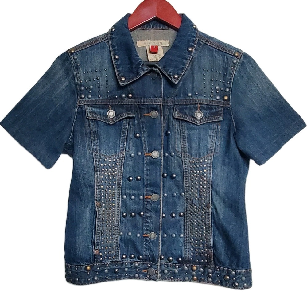 STETSON Denim Jacket Shirt S Studded S/Slv Cowgirl Rodeo Round Top Western Wear
